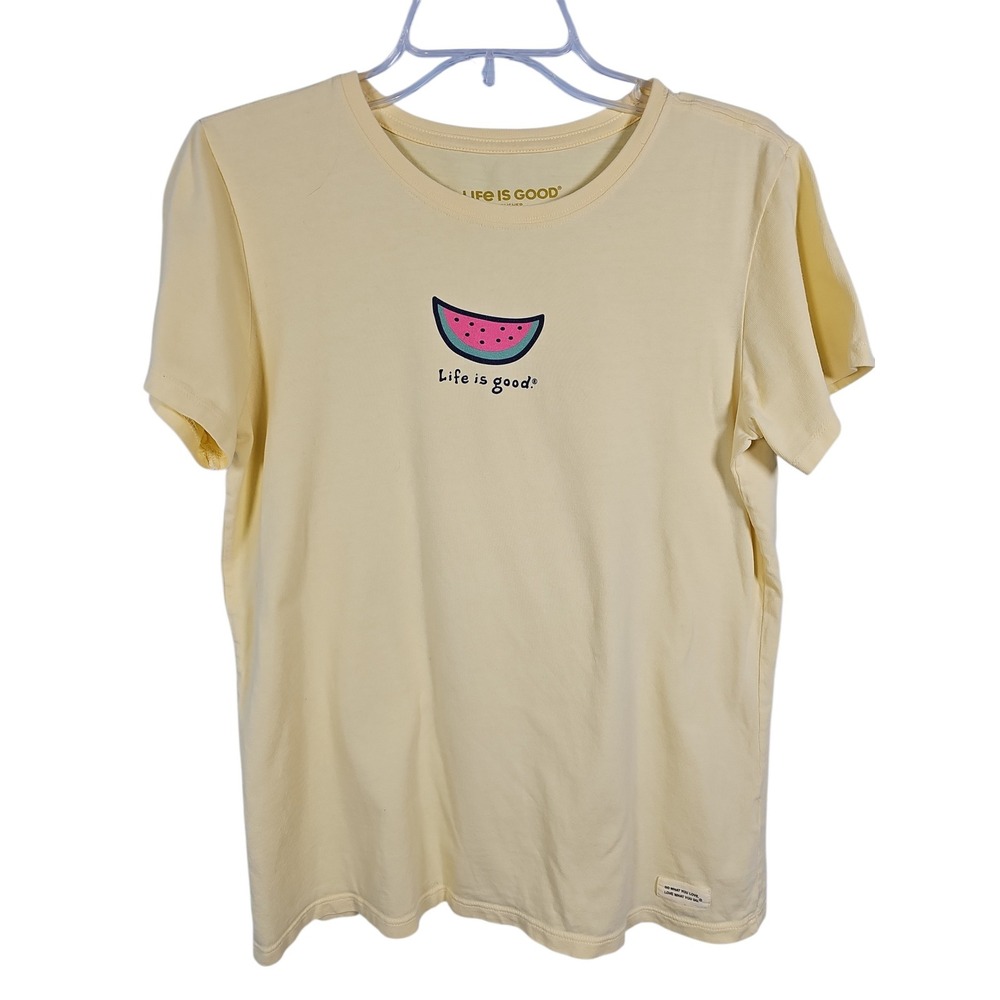 Life is Good T-Shirt Watermelon Graphic Yellow Crusher Womens Medium